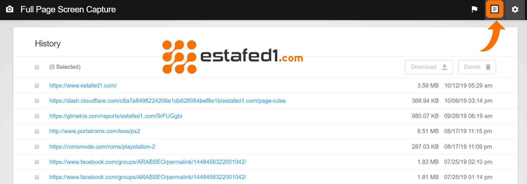 Chrome: Full Page Screen Capture سجل اللقطات