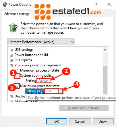  بنفس الطريقة قم بتوسيع حالة المعالج القصوى "Maximum processor state"، ثم الإعدادات (Settings) إلي 100 %