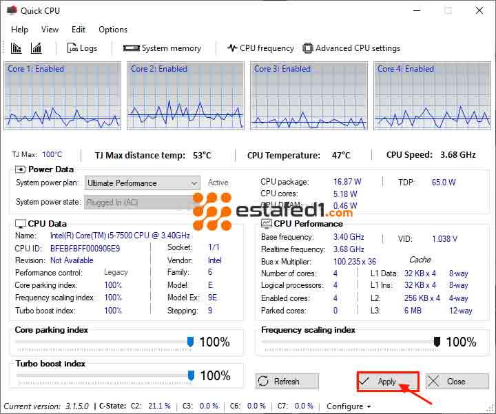 بالمثل قم بضبط "Turbo boost index" على "100٪"، و "Frequency scaling index" على "100