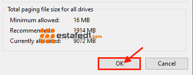  انقر على "OK"، عندما تنتهي من إعداد page files
