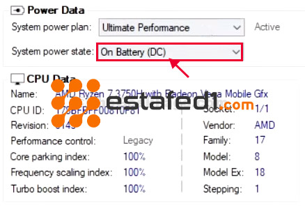 انقر على حالة طاقة النظام "System power state"، واختر "On battery" من القائمة المنسدلة