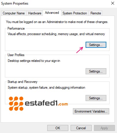 بعد أن تضغط على الخيار السابق، ستظهر لك نافذة منبثقة، قم بالضغط على خيار "Settings" الموجود أسفل كلمة "Performance".