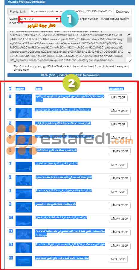 اختيار جودة الفيديوهات -تحميل قائمة تشغيل كاملة من اليوتيوب دفعة واحدة