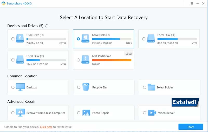 حدد القرص الصلب الذي تريد استرجاع الملفات المحذوفة منه، ثم اضغط Start_