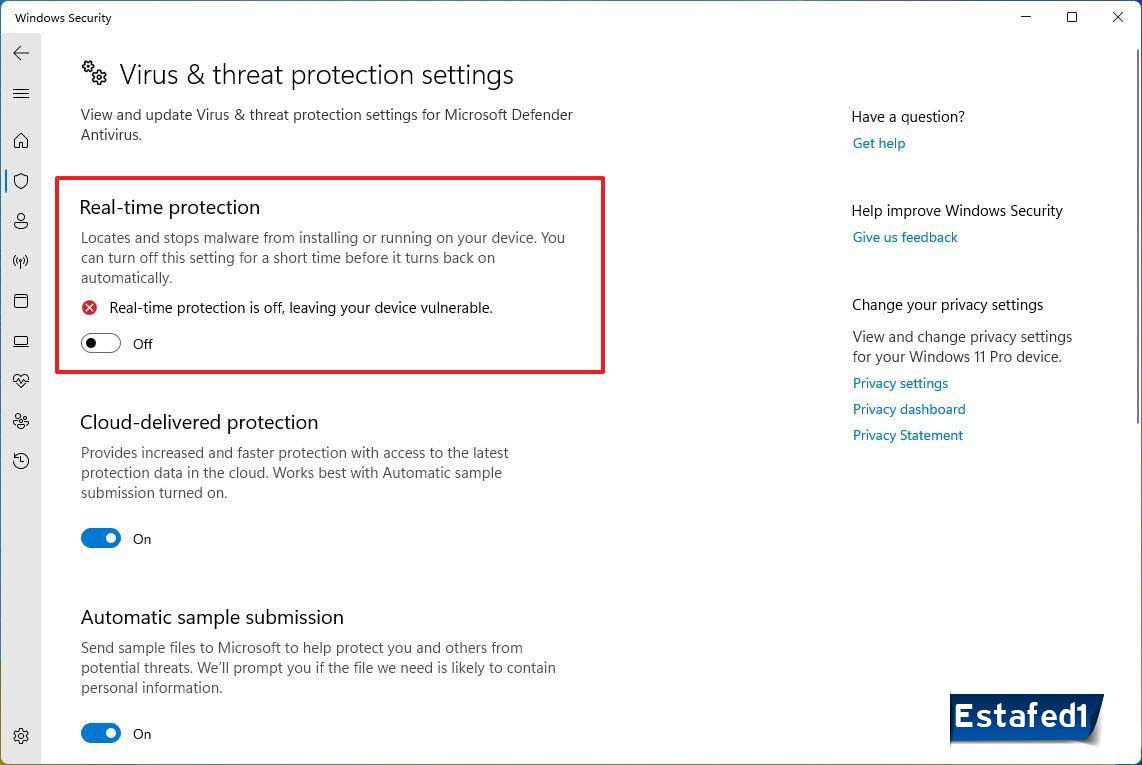 Real-time protection تعطيل ويندوز ديفندر في ويندوز 11