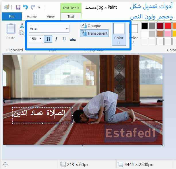 أدوات تعديل شكل ولون وحجم النص في Paint