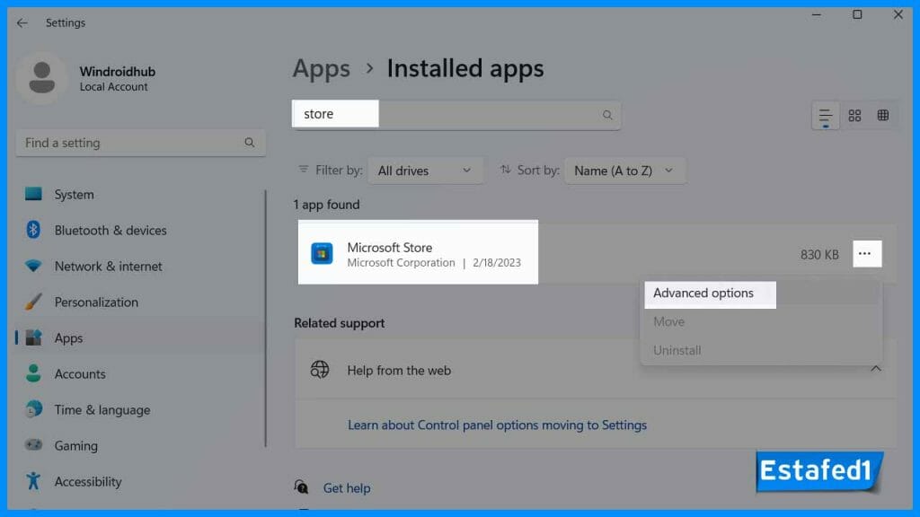 ابحث عن المتجر ثم اضغط علي advanced options
